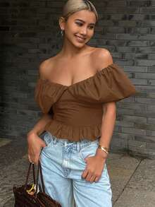 DAZY 女士纯色无肩带单肩优雅短款上衣，秋季外出上衣，夏季露肩款式 - 棕色 - 查看 4