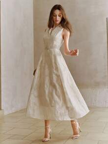 Anewsta Đầm nữ không tay dáng xòe chữ A màu sâm panh/mơ mới, thanh lịch, sang trọng, thích hợp cho tiệc tùng/sinh nhật mùa xuân/hè. - Màu be - Xem 1