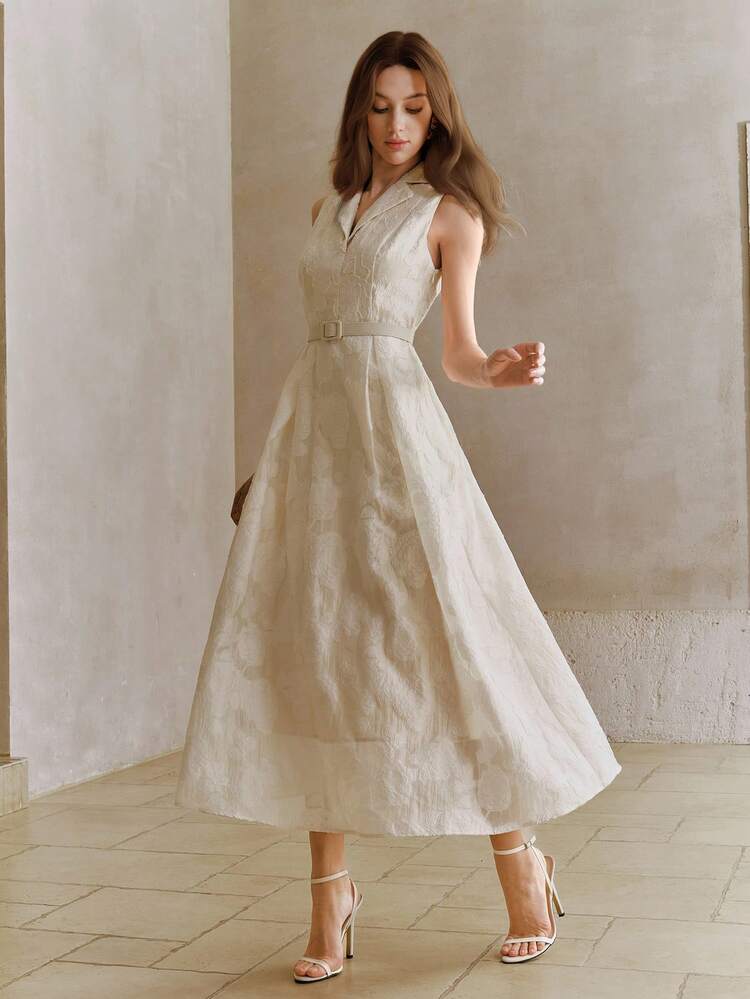 Women's New Sleeveless Champagne/Apricot Color Flared A-Line Elegant Luxurious Spring/Summer Party/Birthday Dress