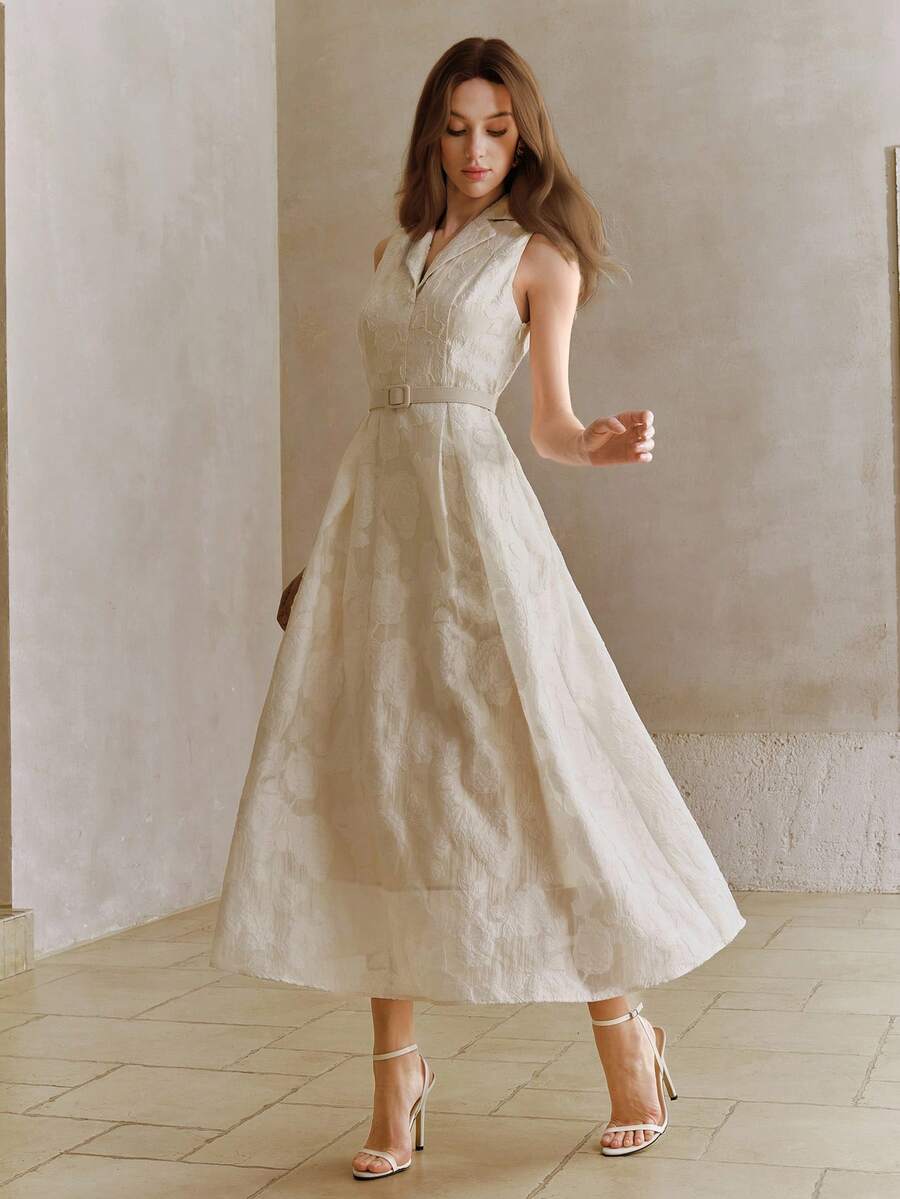 Anewsta Đầm nữ không tay dáng xòe chữ A màu sâm panh/mơ mới, thanh lịch, sang trọng, thích hợp cho tiệc tùng/sinh nhật mùa xuân/hè. - Màu be - Xem 1