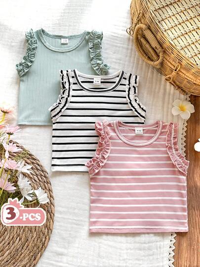 SHEIN Vintaside Kids Bộ 3 áo thun mùa hè cho bé gái, kiểu dáng dễ thương, ngọt ngào, thoải mái, co giãn, gồm màu hồng trơn, màu mơ và áo tay bèo kẻ sọc, thích hợp mặc ở nhà, đi nghỉ mát và mặc hàng ngày.