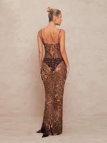 Lumalex 经典咖啡棕色豹纹深V领无袖透视修身鱼尾连衣裙，饰有系带细节 - 卡其色 - 查看 2