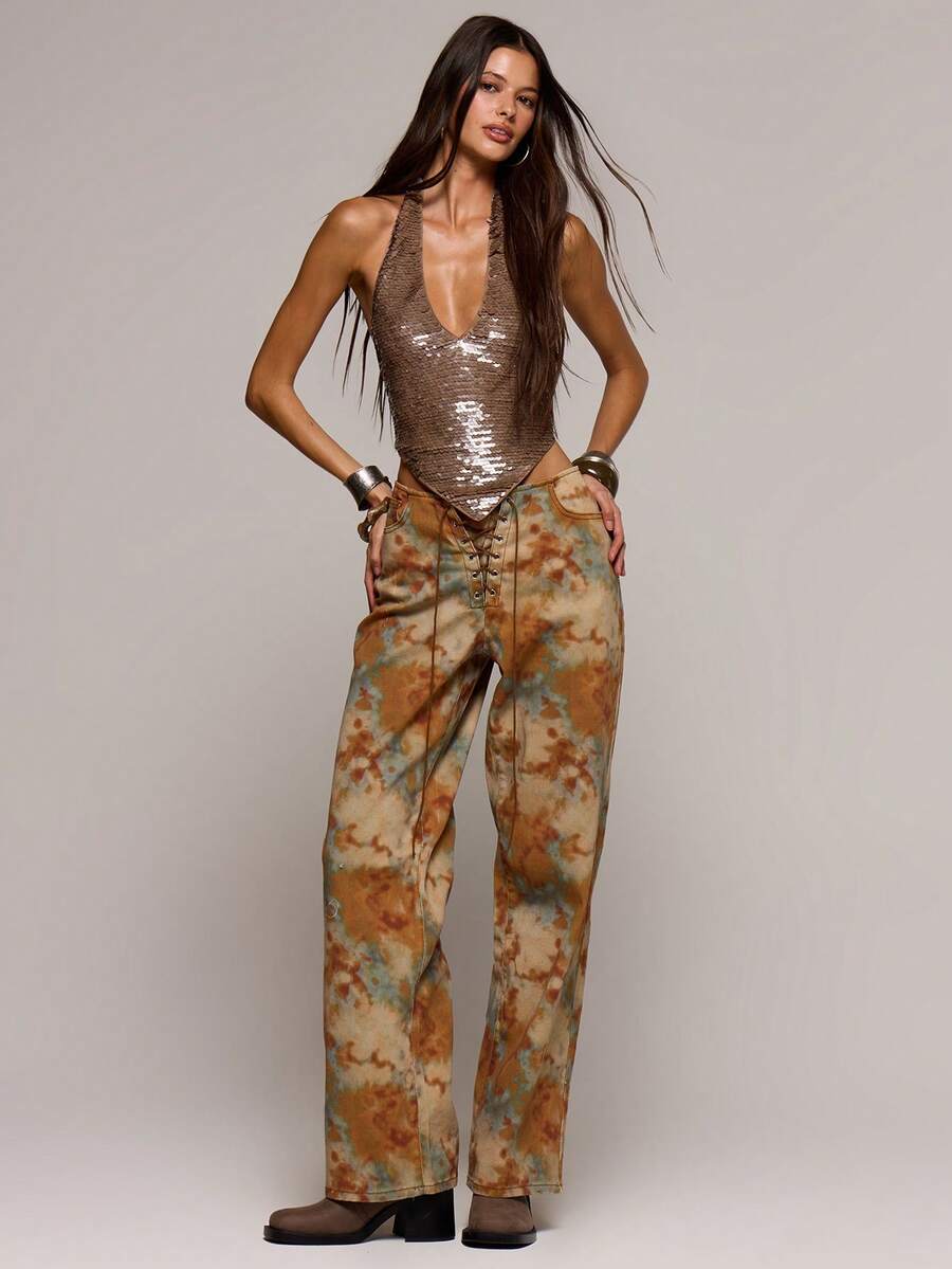 MUSERA 孔雀印花系带直筒牛仔裤，酷女孩街头风，秋冬外出必备 - 彩色 - 查看 1