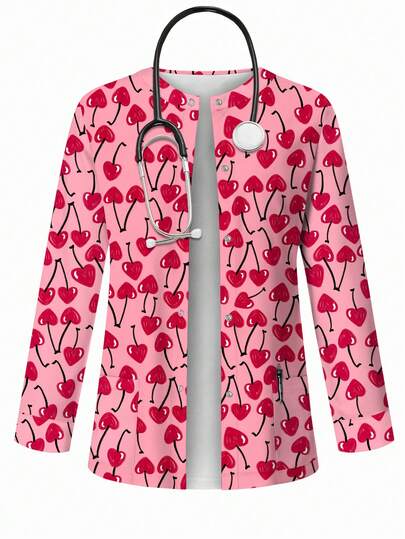 TaskEZ Cherry Heart Print Scrub Jacket, Fashionable Cardigan With Hanging Ear Design, Women Nurse Uniform Top For Spring/Summer