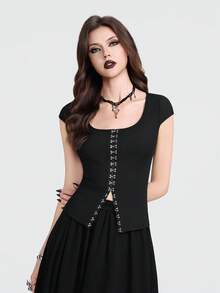 Breakform 女士性感哥特风纯色针织开襟羊毛衫，带装饰环，修身款 - 黑色 - 查看 6