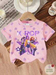 Young Girl Letter & Kpop Graphic Round Neck Short Sleeve Casual T-Shirt - Multicolor - View 2