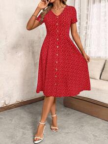 SHEIN Clasi Plus Size Summer Casual Heart Print Button Front Dress - Red - View 4