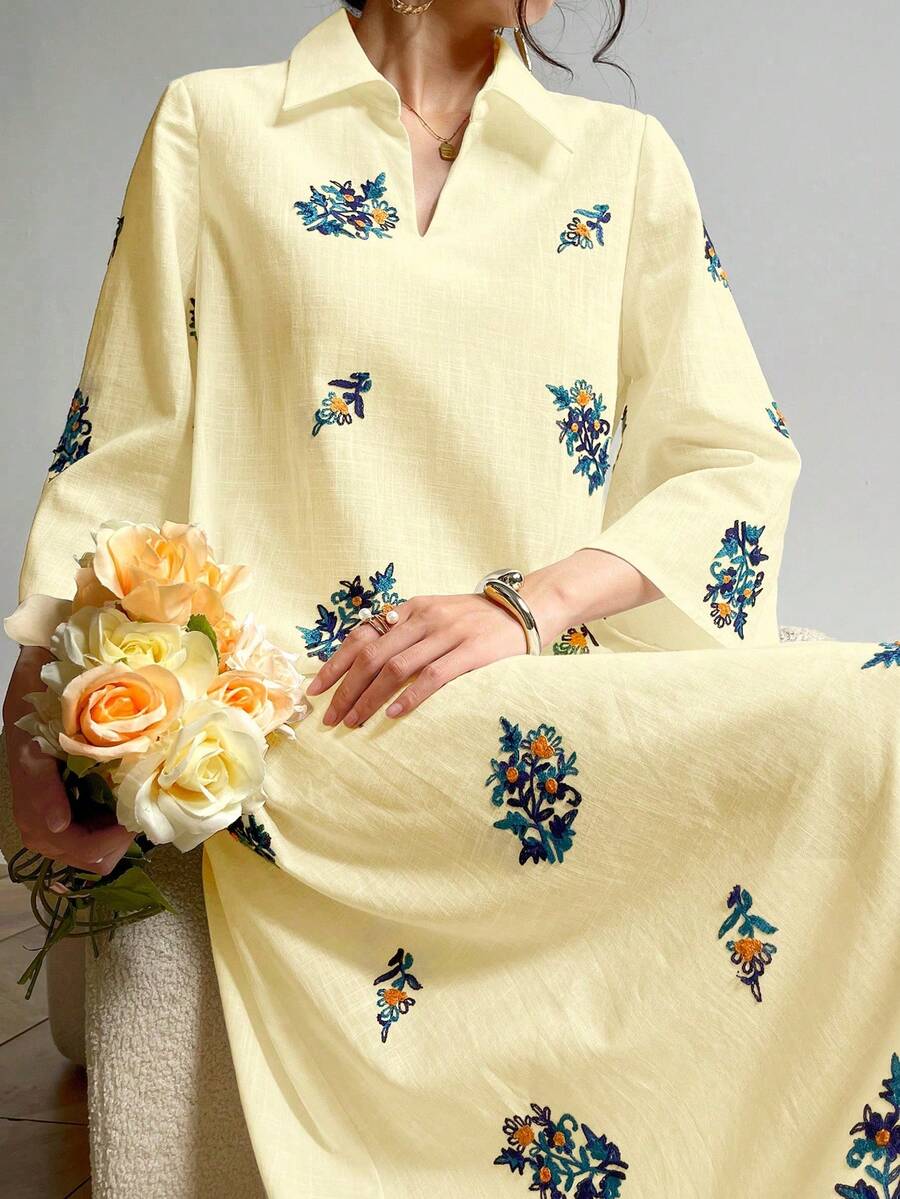 Al Najma Vestido largo casual con cuello y bordado de ojales - Amarillo - Ver 1