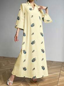 Al Najma Vestido largo casual con cuello y bordado de ojales - Amarillo - Ver 5