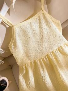 SHEIN 1pc Young Girl Summer New Off-Shoulder Spaghetti Strap Elastic Waist Ruffle Hem Dress, Lightweight Fabric With Embossed Pattern, Hollow Bowknot Back Design, Elegant & Versatile Beach Vacation Dress - Yellow - View 4