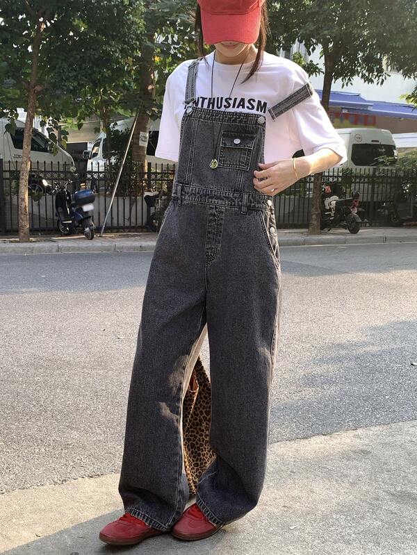 FRIFUL Women's Solid Color Sleeveless Fashionable Summer Versatile Loose Denim Jumpsuit And Overalls