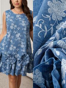 SHEIN LUNE Plus Size Women Floral Embroidery Casual Dress For Dating And Outing - Blue - View 1