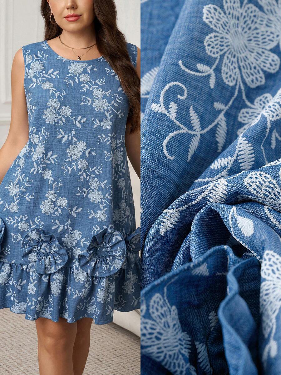 SHEIN LUNE Plus Size Women Floral Embroidery Casual Dress For Dating And Outing - Blue - View 1