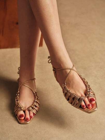 Rosivie Damen Römische Flache Sandalen, PU Material Gewebter Kreuzriemen, Quadratische Zehenpartie mit einer Schnalle, Strand, Party, Nachtclub Sexy Damen Pantoffeln