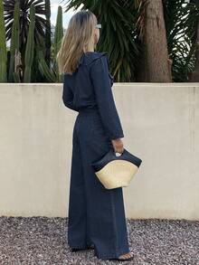 DAZY Women's V-Neck Cardigan Long Sleeve Frill Trim Patchwork Denim Top And Loose Straight Leg Denim Pants Casual Elegant Denim Suit - Dark Wash - View 4