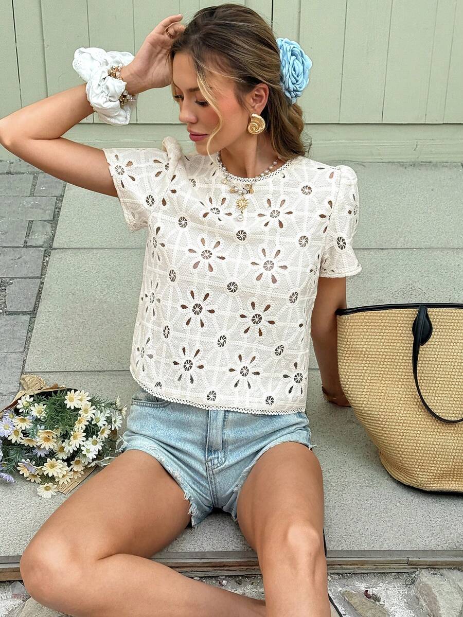 SHEIN Frenchy Women's White Eyelet Lace Crop Blouse,Elegant Summer Holiday Open Back Short Petal Sleeve Top,Floral Hollow Design Round Neck Brunch Vacation Shirt - Apricot - View 1