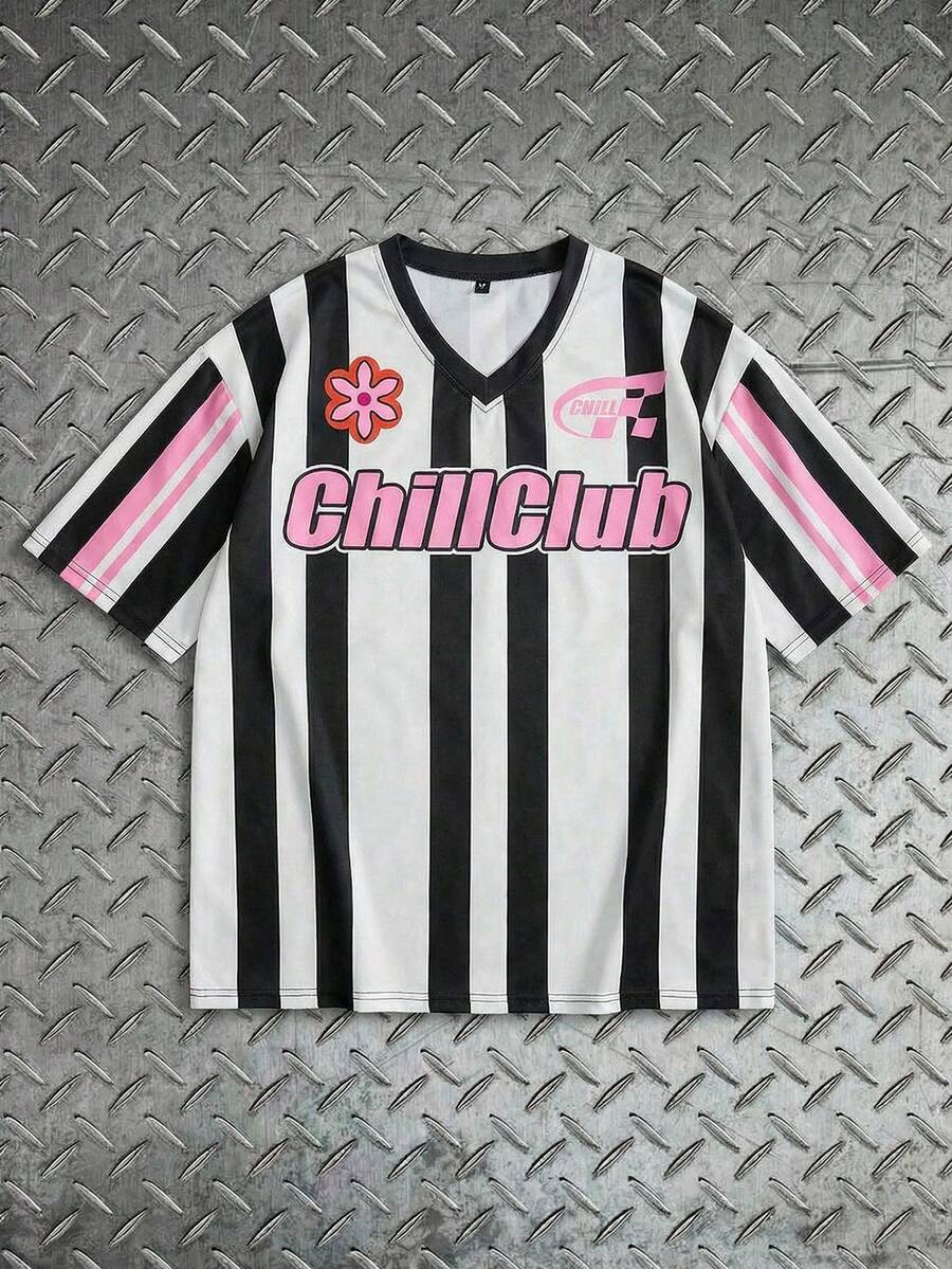 AXEPEAK 男士字母条纹印花V领短袖休闲T恤 - 黑與白 - 查看 1