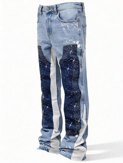 ROMWE MEN Street Life Men's Casual Contrast Color Rhinestone Decor Frayed Pocket Denim Jeans