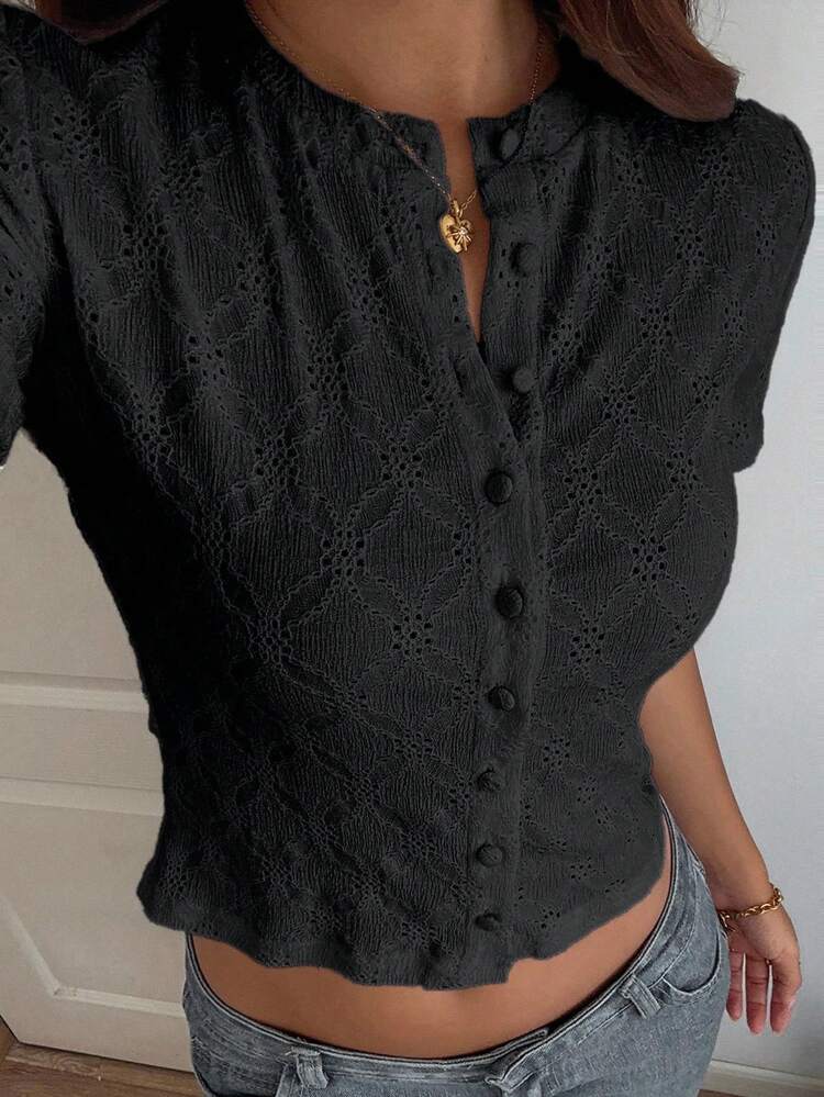 Women's Black Cardigan, Business Casual Fashion Street Style Textured Hollow Out Jacquard Short T-Shirt, Suitable For Autumn, Spring And Summer Y2k