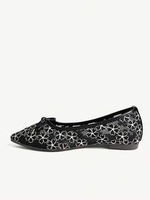 CUCCOO CHICEST Pointed Toe Mesh Breathable Bow Lace Ballet Shoes, Elegant Lady Versatile Black Slip-On Shoes - Black - View 5