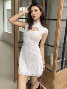 EastFlair Elegant Lace Hollow-Out Stand Collar Summer Dress - White - View 4