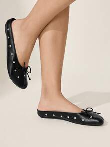 CUCCOO CHICEST Dép lê nữ kiểu mule, mũi tròn, đế bằng, phong cách Pháp, có nơ trang trí, thích hợp cho mùa hè. - màu đen - Xem 6