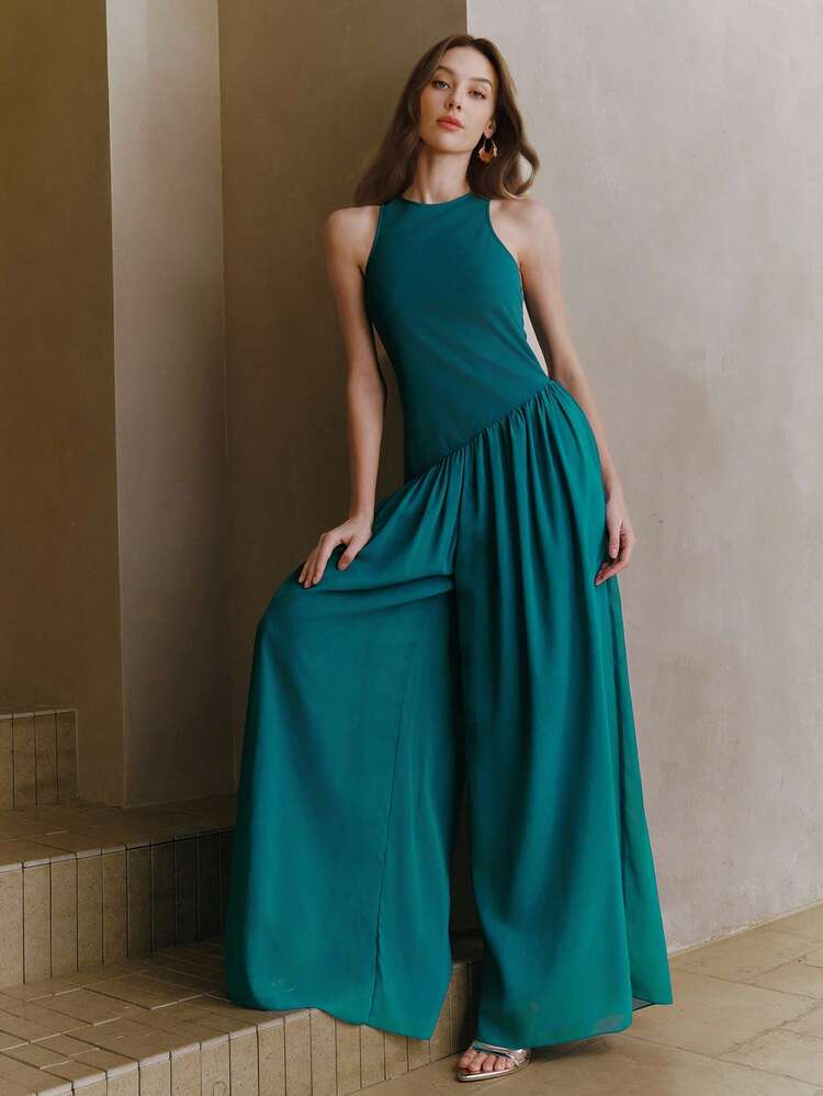 Summer New Knitted Camisole Patchwork Ruched Draped Jumpsuit, Women Long Dress For Summer