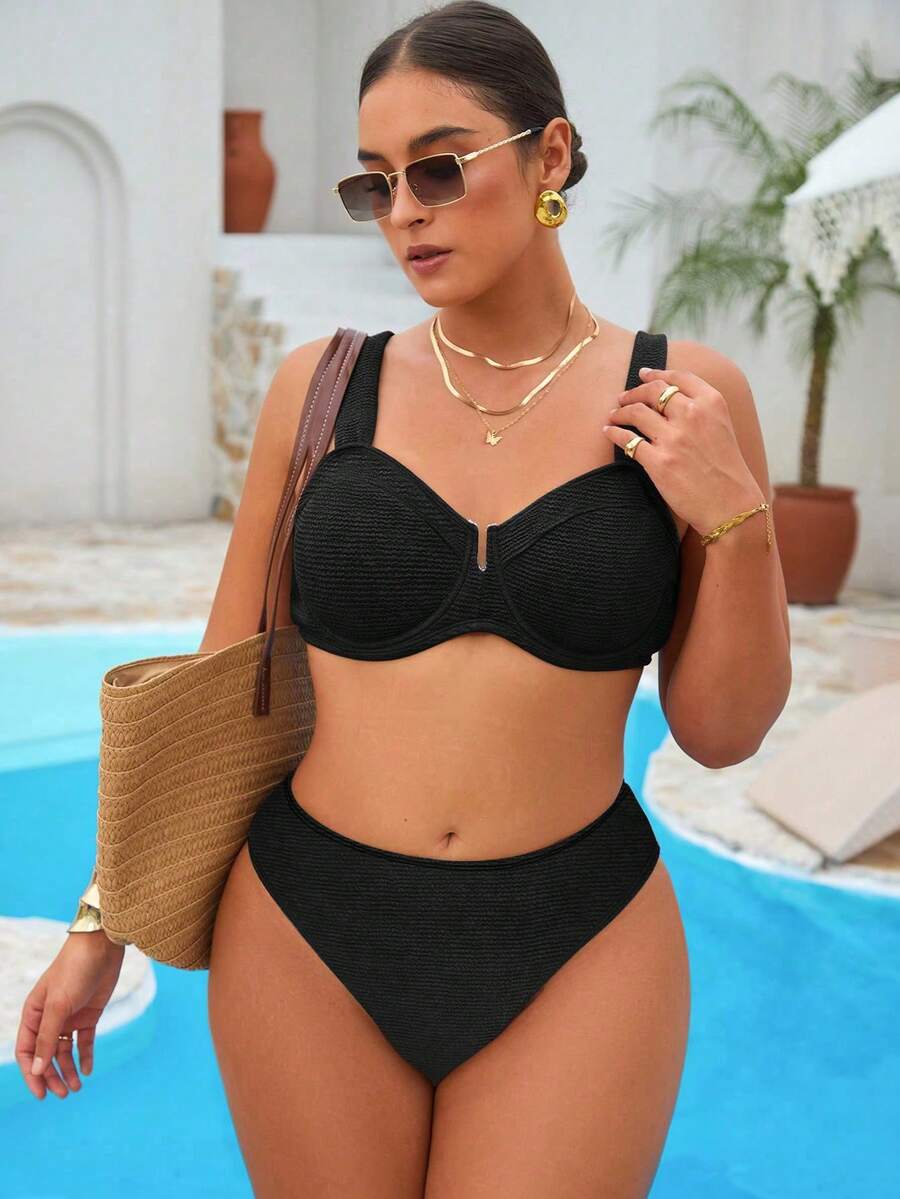 Swim Vcay Bộ bikini cỡ lớn dành cho kỳ nghỉ hè, chất liệu đặc biệt, thích hợp mặc đi hồ bơi. - màu đen - Xem 1
