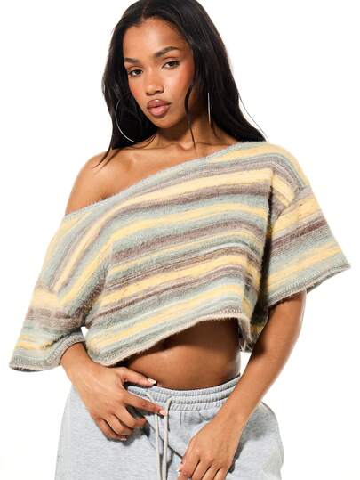 SUMWON WOMEN Striped Off Shoulder Oversized Knit Top With Short Sleeves Multicolor Horizontal Pattern