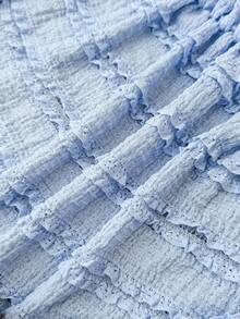 SHEIN 儿童/少女蓝色纯色针织提花纹理吊带背心配荷叶边下摆A字裙短裤两件套，春夏款 - 淺藍色 - 查看 4