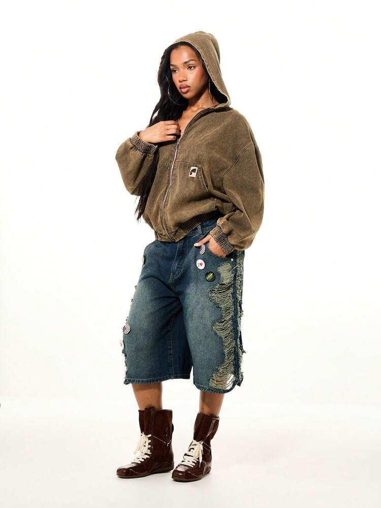 SUMWON WOMEN Oversized Hooded Denim Jacket With Zip