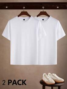 Core Aspect 2pcs Men's Solid Color Round Neck Short Sleeve T-Shirt Plain Tees - White - View 1
