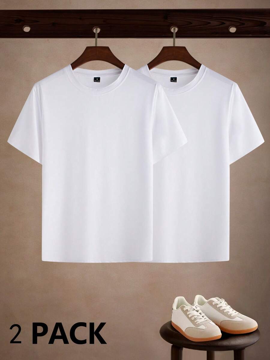 Core Aspect 2pcs Men's Solid Color Round Neck Short Sleeve T-Shirt Plain Tees - White - View 1