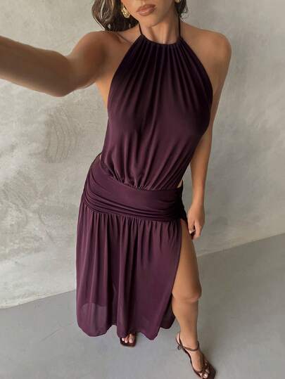 Aloruh 女士春夏新款纯色紫红色罩衫，优雅性感深V露背超长连衣裙，挂脖高开衩沙滩裙，女士沙滩装，女士度假服