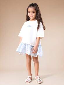 SUMWON Girls Summer Club New Hampton Print White Crew Neck Short Sleeve Sweatshirt With Polka Dot Ruffle Hem Detail - Apricot - View 5