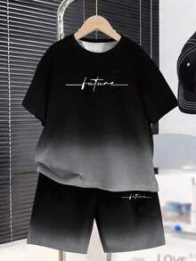 SHEIN 2pcs/Set Tween Boy Casual Gradient English Print Short Sleeve T-Shirt And Shorts Set, Street Style Suitable For Spring/Summer - Black - View 2