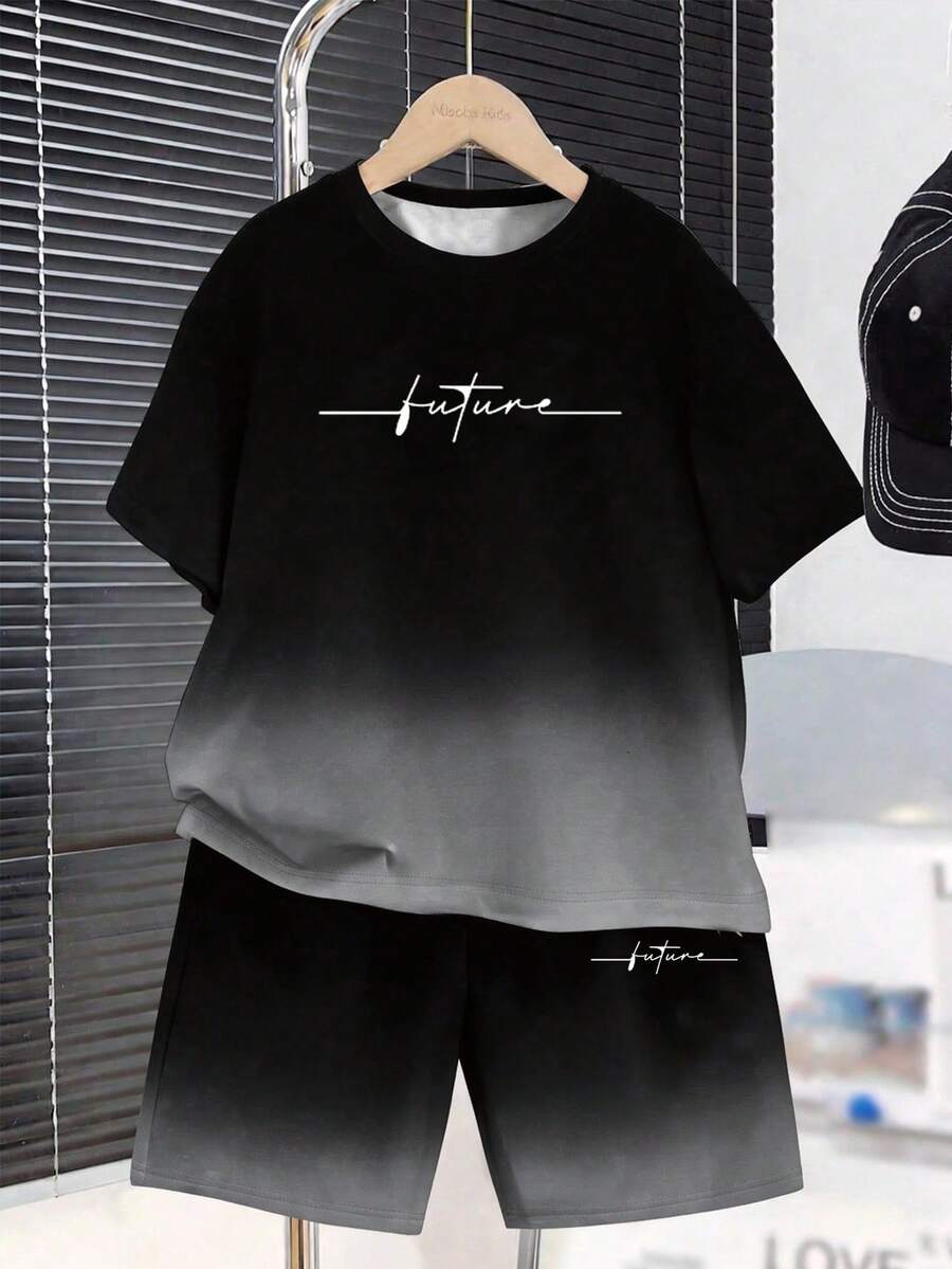 SHEIN 2pcs/Set Tween Boy Casual Gradient English Print Short Sleeve T-Shirt And Shorts Set, Street Style Suitable For Spring/Summer