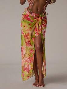SHEIN BAE Women's Summer Vacation Tropical Floral Print Tie Front Skirt Cover Ups For Swimwear Beach - Multicolor - View 5