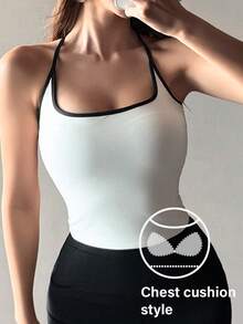 DAZY Áo bra thể thao dáng ngắn, ôm sát, không đường may, viền tương phản, có đệm mút, dành cho nữ, đồ lót nữ. - trắng - Xem 4