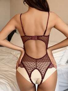 DAZY 可调节肩带透视网纱镂空性感连体衣，女士内衣 - 咖啡棕 - 查看 2