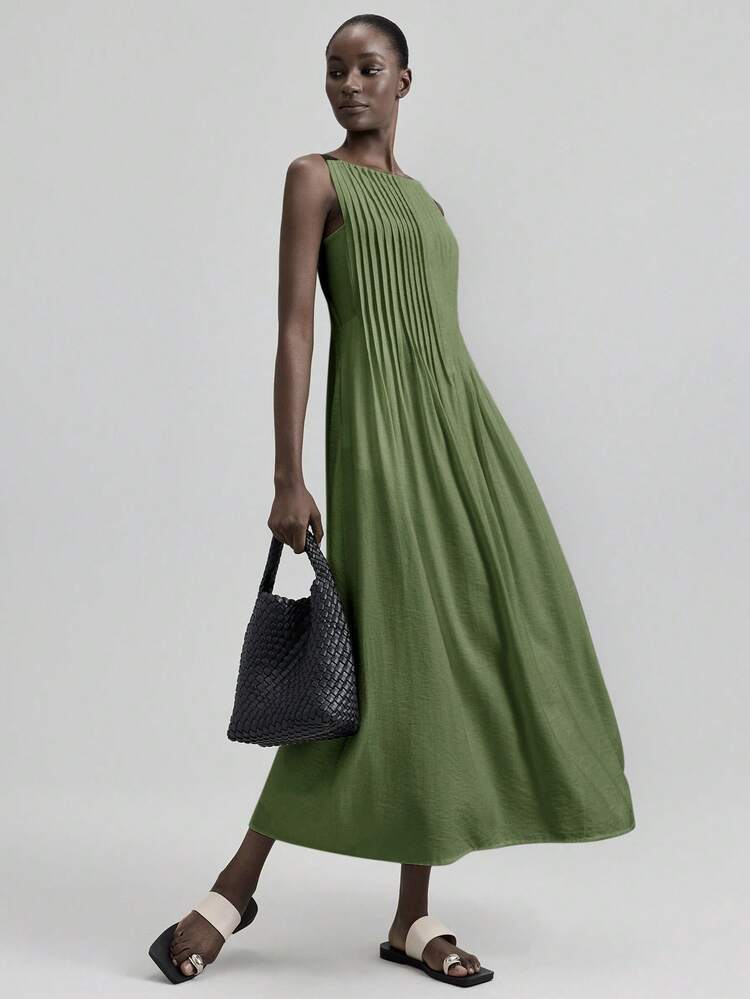 Women's Elegant Olive Green Summer Flared Dress,Striped Pleated Urban Style With Black Ribbon Straps,Business Casual Brunch & Vacation Beachwear