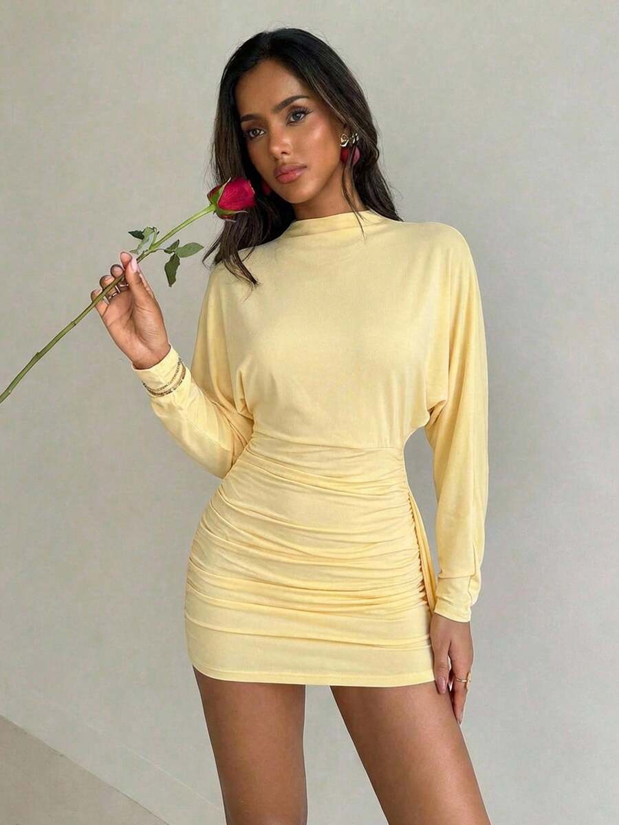 Aloruh Damen Einfarbiges Rüschen-Bindung Dekor Mode Date Party Mini Kleid - Gelb - Übersicht 1