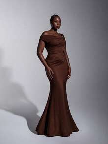 Elitara Elegantes romantisches Kleid in Große Größen mit asymmetrischem Ausschnitt, Schulterausschnitt, geraffter Taille und Meerjungfrauensaum, geeignet für Hochzeit, Party, Feier, Brautjungfer - Kaffeebraun - Übersicht 5