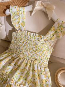 Souflis Souflis Đầm cổ yếm họa tiết hoa nhí cho bé gái, phối màu hồng và trắng ngọt ngào, tay áo bồng bềnh tinh tế, phù hợp cho bé gái 4-7 tuổi, tuyệt vời cho kỳ nghỉ, đi biển, chụp ảnh hàng ngày, mùa xuân/hè. - Màu vàng - Xem 4
