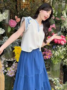 DAZY 女士V领韩版度假衬衫半裙两件套 - 藍白色 - 查看 8