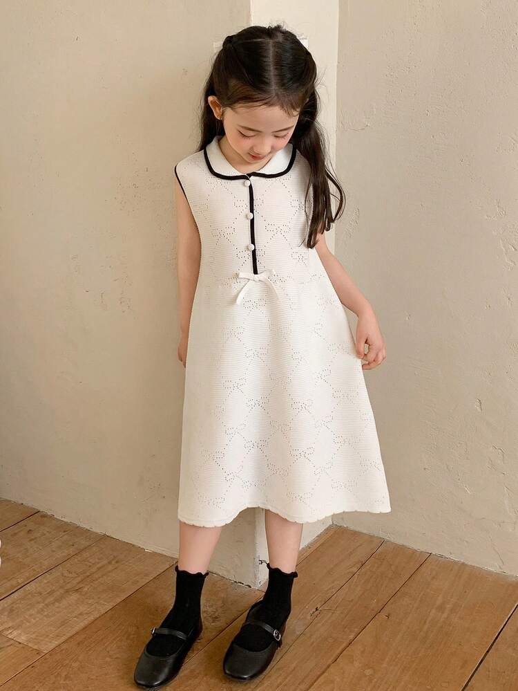 Young Girls Collared Contrast Color Korean Style Sleeveless Sweater Dress