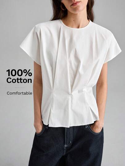 Ontre 2026 New Arrival Women's Casual Collared Blouse With Flutter Sleeves And Cinched Waist, White, Minimalist & Fashionable, Suitable For Spring/Summer, Daily Wear, Commuting, Business Casual, High-Quality Material Modern Urban Casual Fashion Business Casual Women's Office Wear Low-Key Old Money Style Effortless Temperament High-End Urban Commuting High-Quality Airport Women's Wear High-End Material High-End, Elegant, Old-Fashioned Cruise Attire For Wedding Guests Low-Key And Durable Basic Style Formal