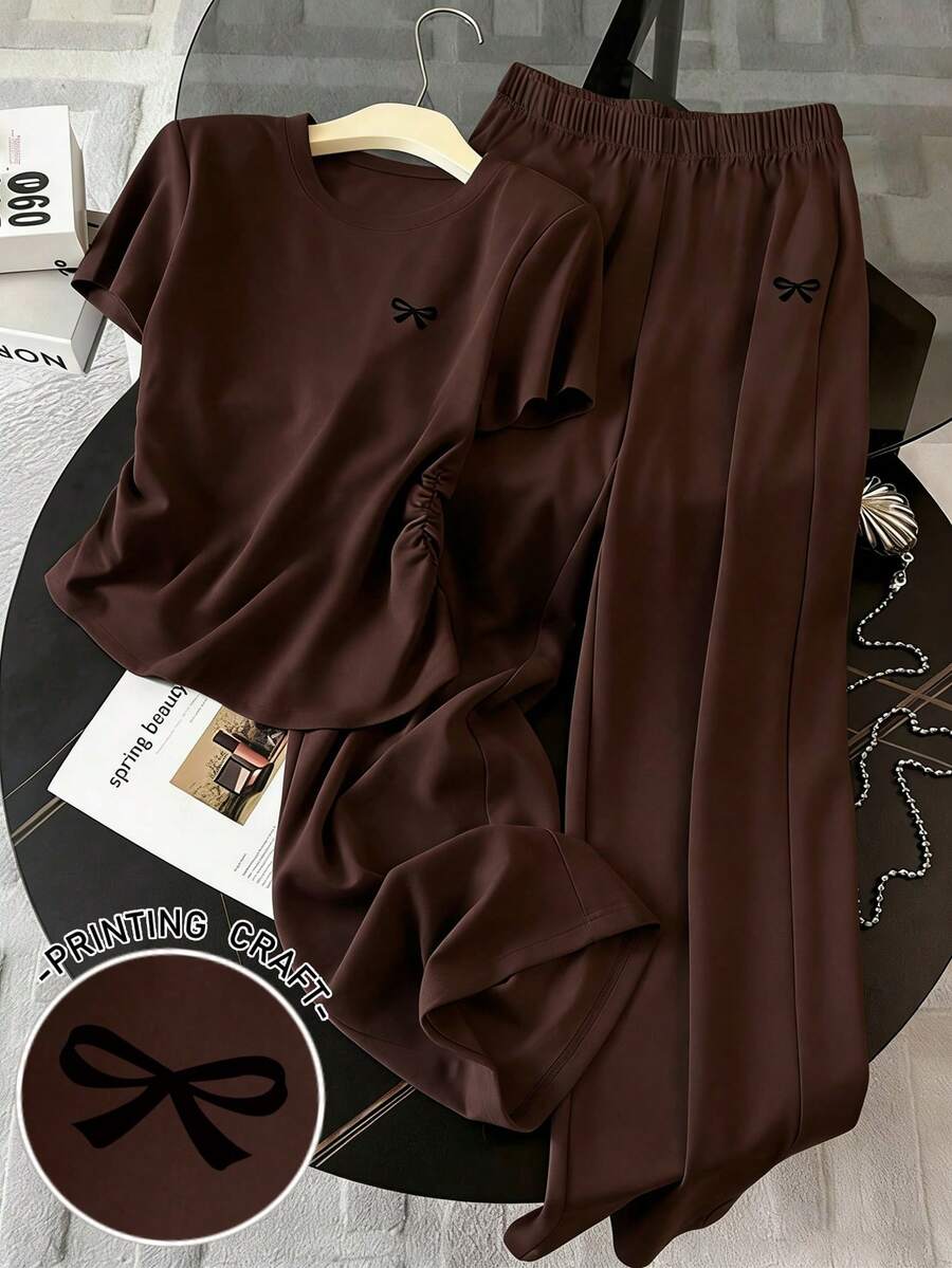 Resyla 女士春夏新款可爱蝴蝶结印花两件套，休闲百搭 - 咖啡棕 - 查看 1