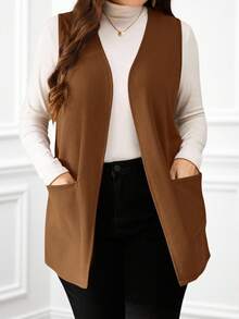 Miaspire Áo khoác không tay dáng rộng màu trơn cỡ lớn, đơn giản, thường ngày, xuân/hè, kỳ nghỉ, áo khoác không tay, quà tặng cho mẹ, phong cách Bohemian, nghỉ xuân, tiệc tùng, đồng quê, mùa thu, mùa thu - Màu nâu Sô-cô-la - Xem 5