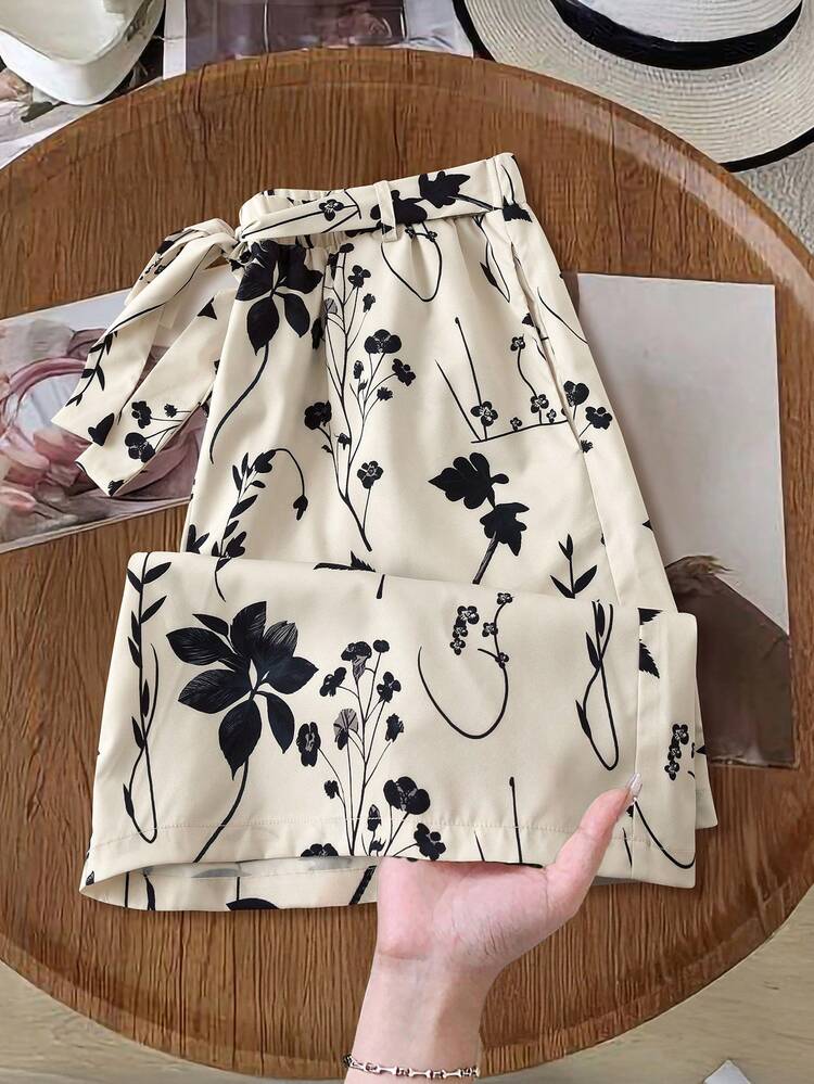 Plus Size Women Vacation Plant Print Tie Waist Loose Shorts\Summer Summer Outfits Summer Clothes Spring Dress Spring Outfit Women Spring Clothing Country Style For Women Country Dress For Women Vacation Outfits Women Beach Shorts
